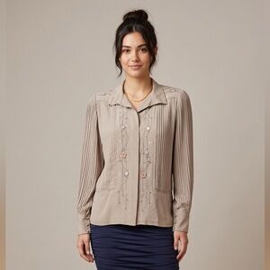 Mercedes & Adrienne 100% Silk Embroidered Blouse Vintage Romantic pleated